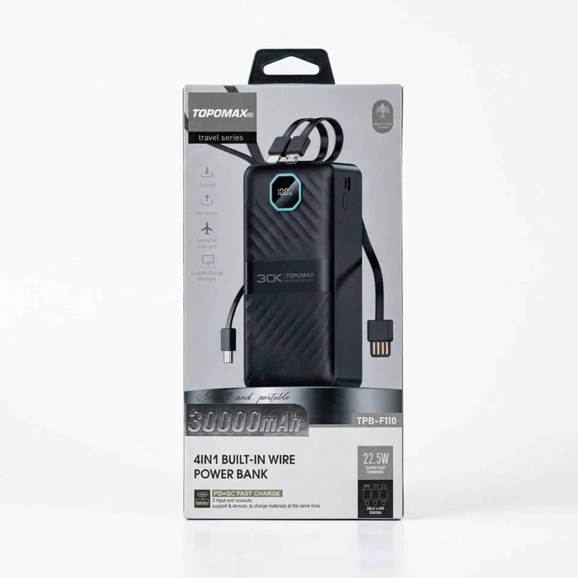 [0710120626] TOPOMAX 30000MAH 4IN1 BUILD-IN WIRE POWER BANK TPB-F110